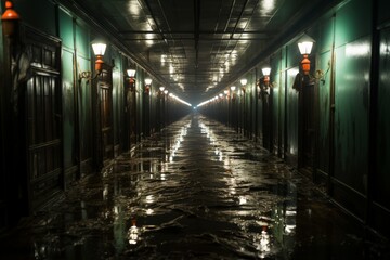 Fototapeta premium Expansive corridor adorned with numerous closed doors disappearing into the mysterious unknown