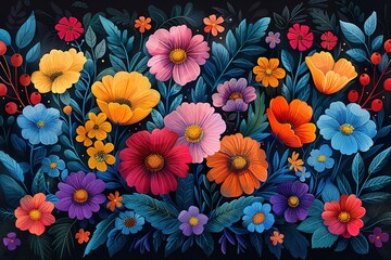 A colorful painting of a field of flowers with a blue sky in the background