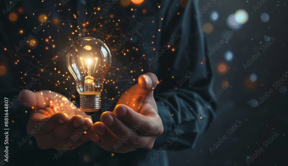 Poster in the image, hands are holding a glowing light bulb amidst floating particles, symbolizing innovati