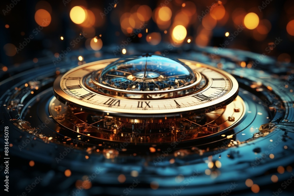 Poster futuristic clock with fractal dial on digital nebula background, showing luminous hedgehog