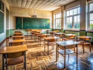 Fototapeta premium Empty classroom with a traditional blackboard, wooden tables, and chairs, decorated with educational posters, awaiting the arrival of a dedicated teacher.