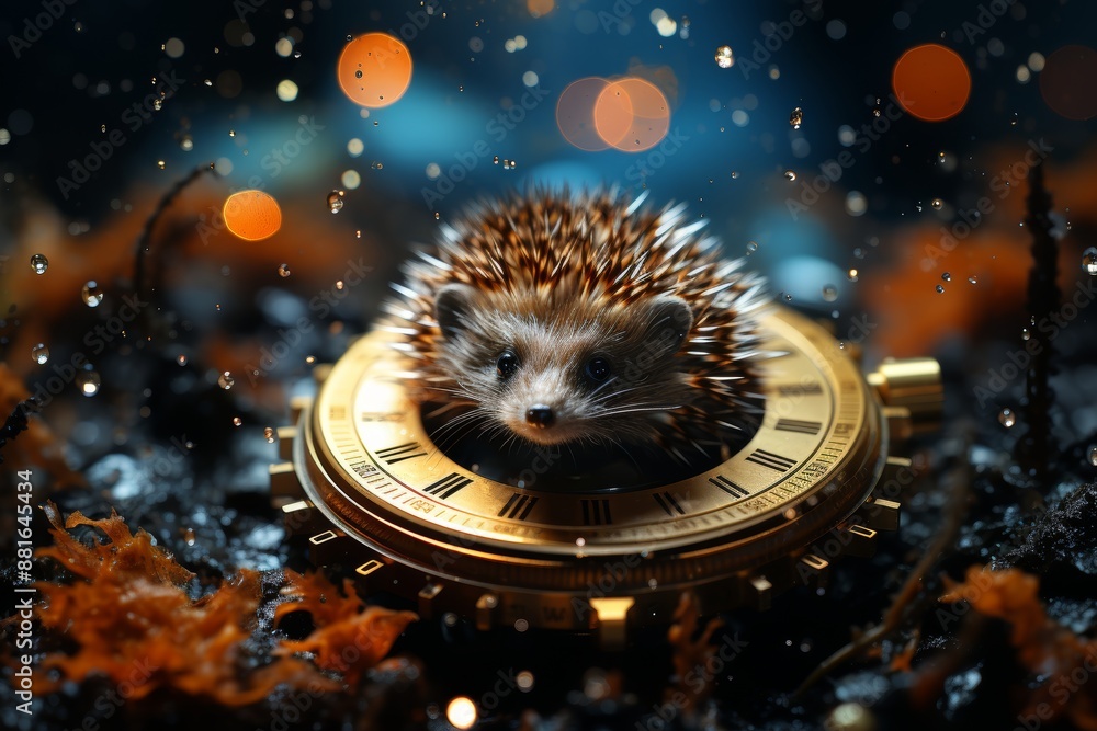 Aufkleber futuristic clock with rotating fractal dial and luminous hedgehog on digital nebula background