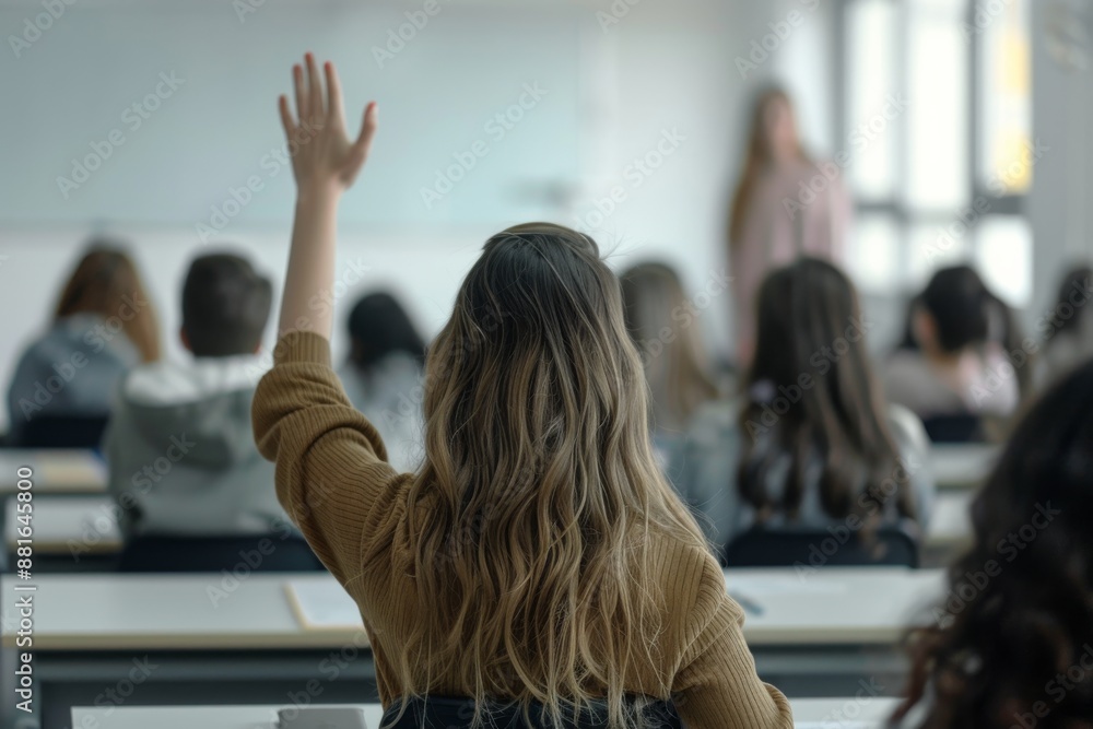 Poster In a classroom, students participate, ask questions, and discuss, creating an interactive learning atmosphere with teacherstudent interactions, fostering a dynamic educational environment