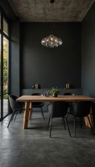 Dining Room with Black Walls and Wooden Table