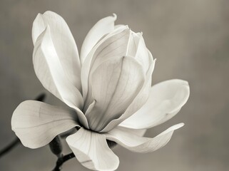 Fototapeta premium black and white photo of an magnolia flower, extreme close up, gray background, vintage style, grainy texture, low contrast, monochrome, muted colors, high resolution, 