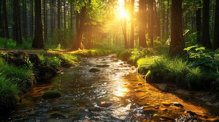Fototapeta premium Soothing forest scene with a clear stream and dappled sunlight