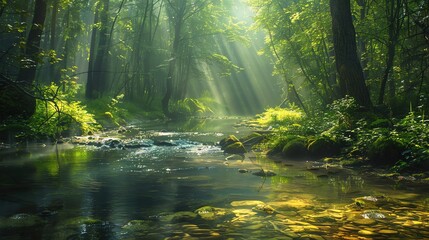 Fototapeta premium Soothing forest scene with a clear stream and dappled sunlight