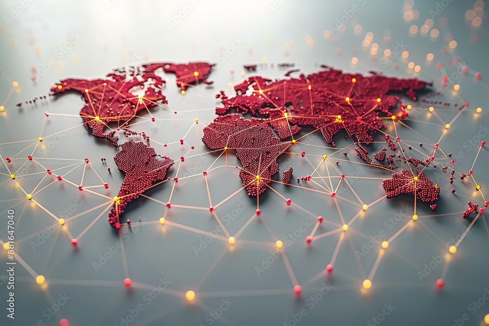 Poster a red and yellow globe with a network of lines connecting it