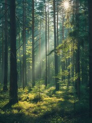 Tranquil forest background with tall trees and sunlight