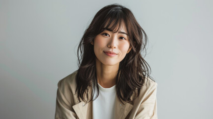 Fototapeta premium Beautiful Japanese woman with medium length hair smiling and looking at the camera. The Asian female is wearing a beige jacket over a white t-shirt against a light grey background