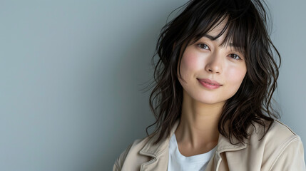 Fototapeta premium Beautiful Japanese woman with medium length hair smiling and looking at the camera. The Asian female is wearing a beige jacket over a white t-shirt against a light grey background