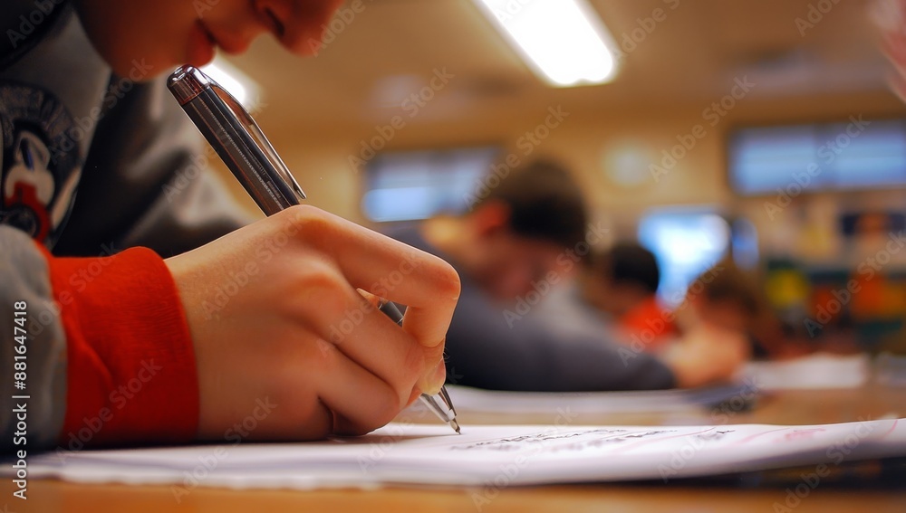 Aufkleber closeup of a student writing in a classroom, focusing on a pen and paper. educational setting with k
