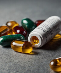White pills and capsules with labels related to health and medicine