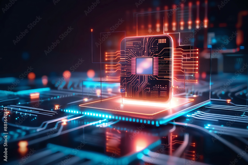 Aufkleber a futuristic microchip on a neon-lit circuit board, representing advanced technology and innovation 