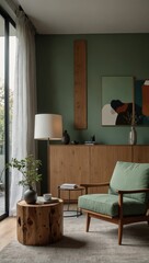 Fototapeta premium Living Room with Green Walls and Wooden Furniture