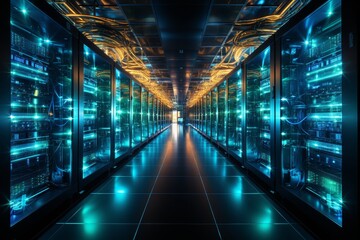 Data center corridor with rack servers, supercomputers, and internet visualization projection