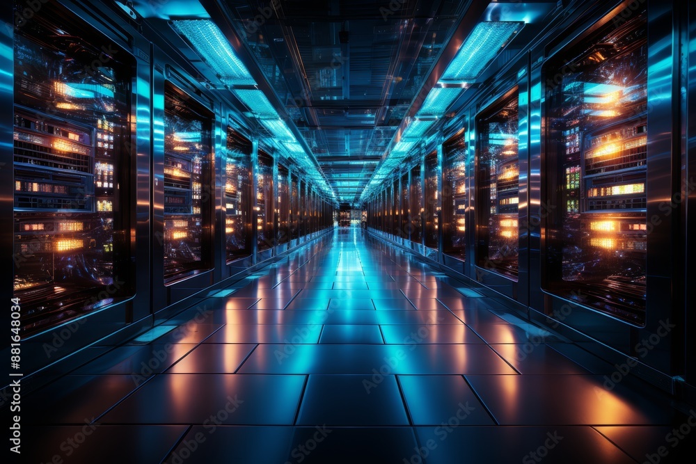 Poster data center corridor with rack servers, supercomputers, and internet visualization projection