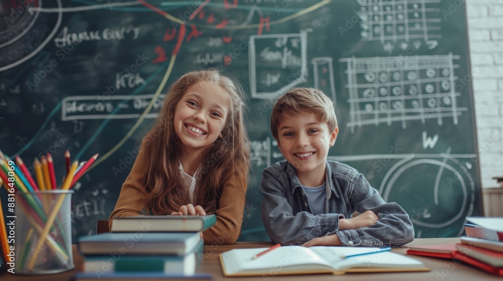 Poster in a bustling classroom, children happily participate in academic activities, fostering a positive l