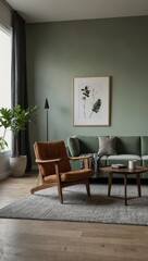 Living Room with Green Walls and Wooden Furniture