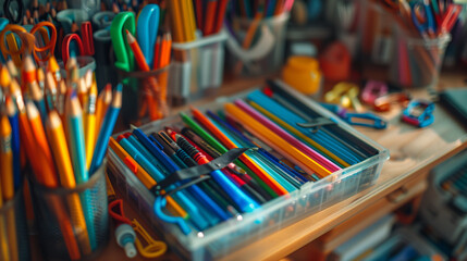 Obraz premium detailed close-up photograph of a colorful array of stationery items on a wooden desk