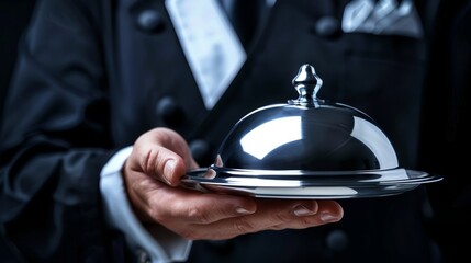 hand of waiter or chef holding a metal domed tray Isolated