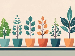 たくさんの植木鉢に植えられた観葉植物が、台の上に乗っているイラスト。