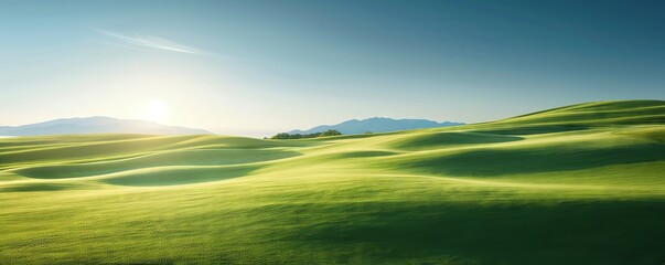 Obraz premium Green golf course, sunny day, clear blue sky