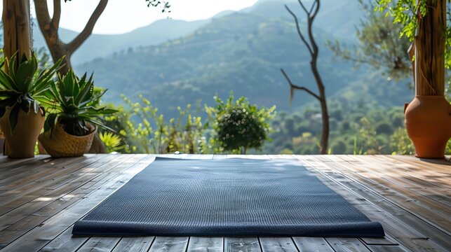 Yoga mat on a wooden floor with a view of nature
