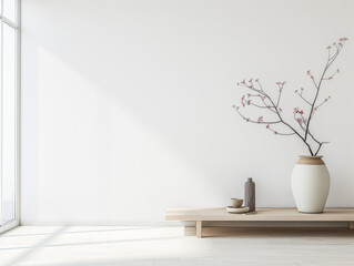 Oriental inspired interiors composition with minimal furniture and natural lighting. Residential designer composition for luxury Real Estate properties.