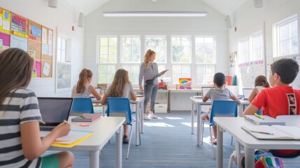 In a contemporary classroom, young students are actively involved in learning alongside their teacher and educational materials, fostering engagement and concentration within a dynamic environment