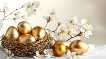 Easter themed banner with a beautiful display of golden chocolate eggs in an egg basket nestled on white paper to resemble a cozy nest Perfect for celebrating the joyous Easter holiday Includes copy