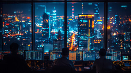 Three traders analyzing data on multiple screens in a high-rise office, with a vibrant cityscape glowing in the night.