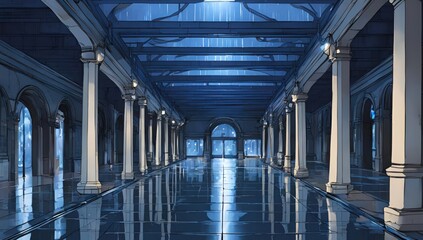 A deserted, rain-soaked Amtrak station at night reflects blue lights in anime style. Classical columns and arches create a quiet, solitary mood 4. Generative AI