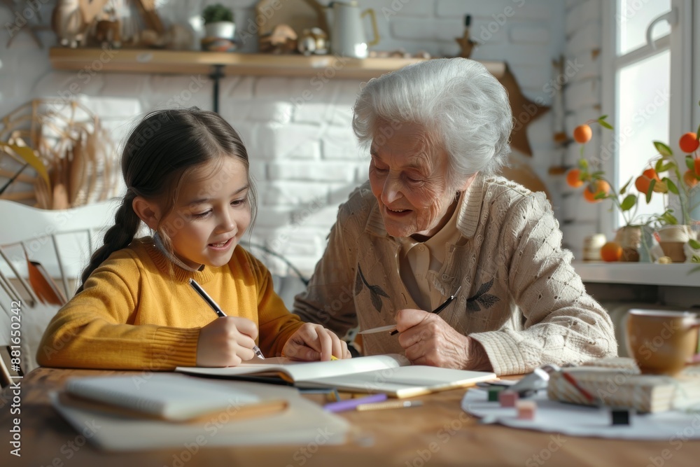 Poster a grandmother and her granddaughter enjoy quality time together while doing homework, strengthening 