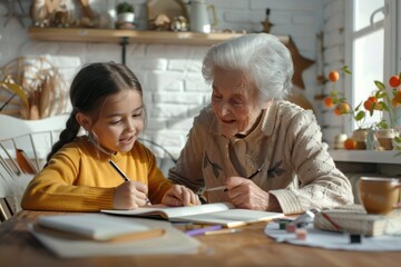 Fototapeta premium A Grandmother and her Granddaughter enjoy quality time together while doing homework, strengthening their bond through learning and support. They share warmth and nurturing guidance