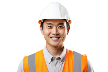 Asian public works worker smiling on transparent background. Subjects related to public works. Construction profession. Transparent background png cutouts. Job offer. Asian country.