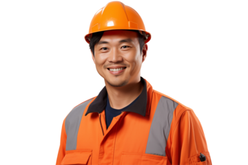 Asian public works worker smiling on transparent background. Subjects related to public works. Construction profession. Transparent background png cutouts. Job offer. Asian country.