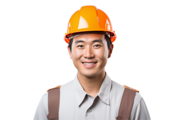 Asian public works worker smiling on transparent background. Subjects related to public works. Construction profession. Transparent background png cutouts. Job offer. Asian country.