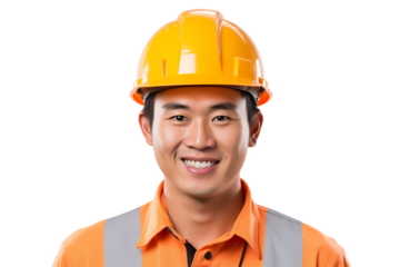 Asian public works worker smiling on transparent background. Subjects related to public works. Construction profession. Transparent background png cutouts. Job offer. Asian country.