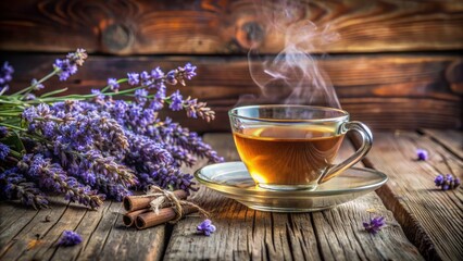 Fototapeta premium A serene still life of a steaming cup of tea adorned with delicate lavender flowers on a rustic wooden table.