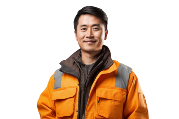 Asian public works worker smiling on transparent background. Subjects related to public works. Construction profession. Transparent background png cutouts. Job offer. Asian country.