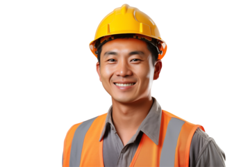Asian public works worker smiling on transparent background. Subjects related to public works. Construction profession. Transparent background png cutouts. Job offer. Asian country.