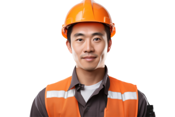 Asian public works worker smiling on transparent background. Subjects related to public works. Construction profession. Transparent background png cutouts. Job offer. Asian country.