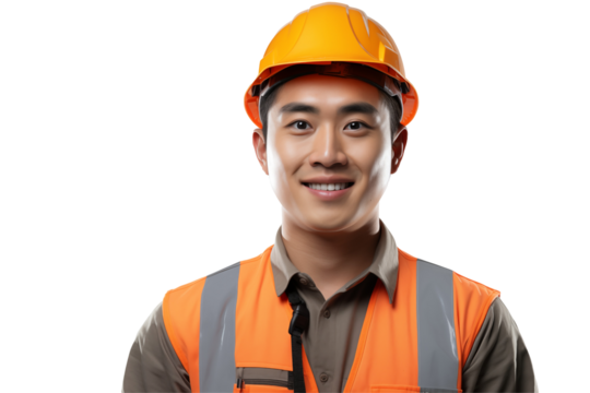 Asian public works worker smiling on transparent background. Subjects related to public works. Construction profession. Transparent background png cutouts. Job offer. Asian country.
