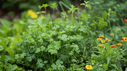 Fototapeta premium Healthy cilantro plants growing in a well-tended backyard herb garden, surrounded by other vibrant herbs and flowers, highlighting the abundance of summer growth.