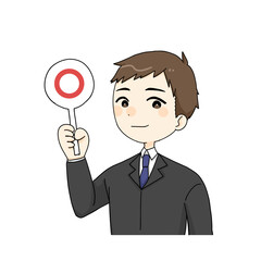 丸の札をもつサラリーマン