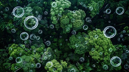 An aerial view of a lush forest canopy with transparent carbon dioxide and oxygen molecules interspersed, symbolizing the natural process of CO2 absorption and O2 release for climate stability.