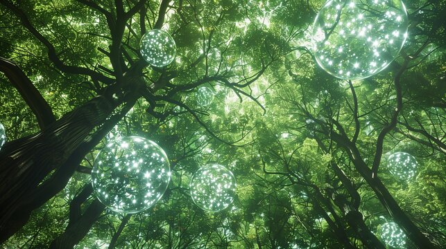 A dense tree canopy with floating digital representations of carbon dioxide and oxygen molecules, illustrating the concept of trees absorbing CO2 and releasing O2 to combat climate change and achieve