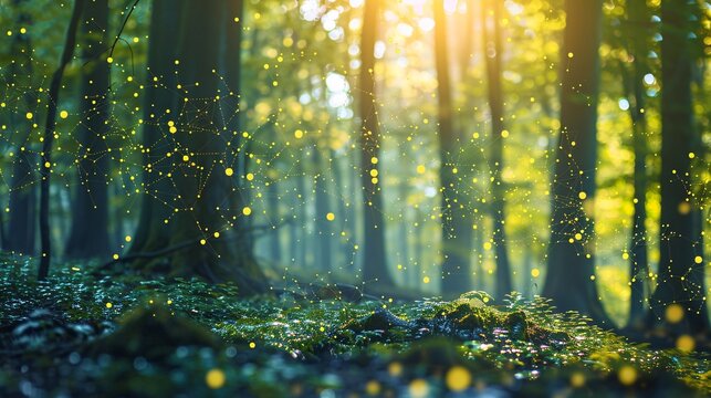 A vibrant forest with an overlay of CO2 and O2 molecules, highlighting the crucial role of trees in reducing carbon emissions and promoting oxygen release to mitigate global warming.