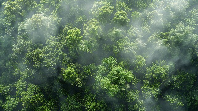 An aerial view of a lush forest canopy with transparent carbon dioxide and oxygen molecules interspersed, symbolizing the natural process of CO2 absorption and O2 release for climate stability.